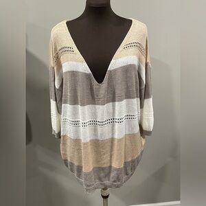 Striped V-Neck Sweater - Beige, Gray, White